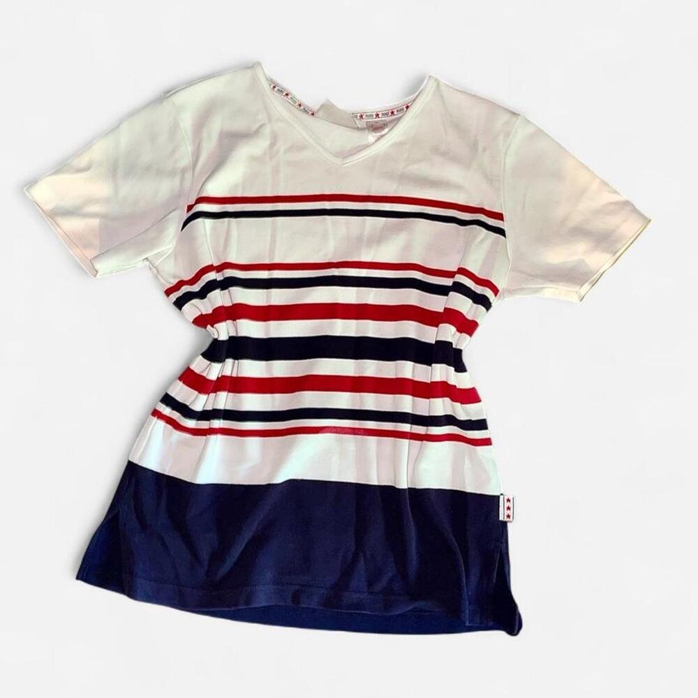 Vintage RUSS Patriotic Red White Navy Striped V-Neck Short Sleeve Shirt - Size S